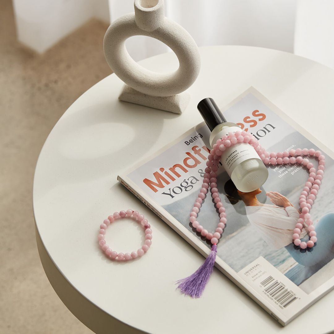 Ambarya Natural Kunzite Mala Bead Necklace and Bracelet Set