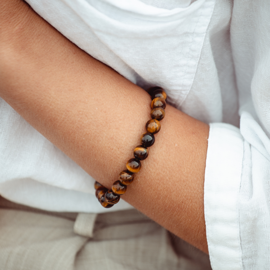 Close up of Tiger’s Eye crystal Mala Bead bracelet