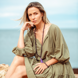 Woman wearing Amethyst Crystal Mala Bead Set