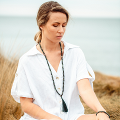 Woman wearing Moss Agate crystal Mala Bead Set