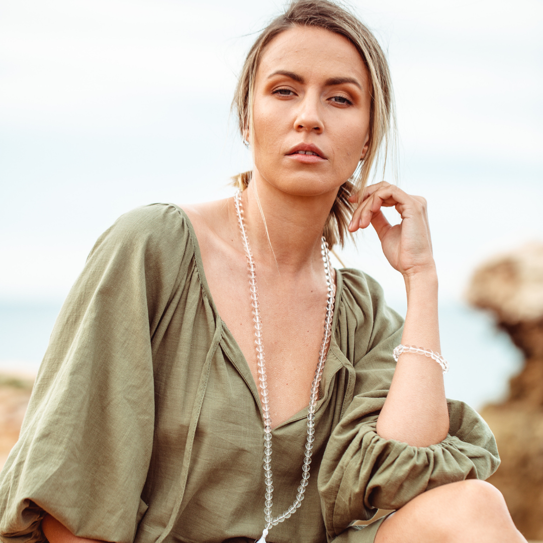 Woman wearing Clear Quartz crystal Mala Bead Set