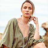 Woman wearing Clear Quartz crystal Mala Bead Set