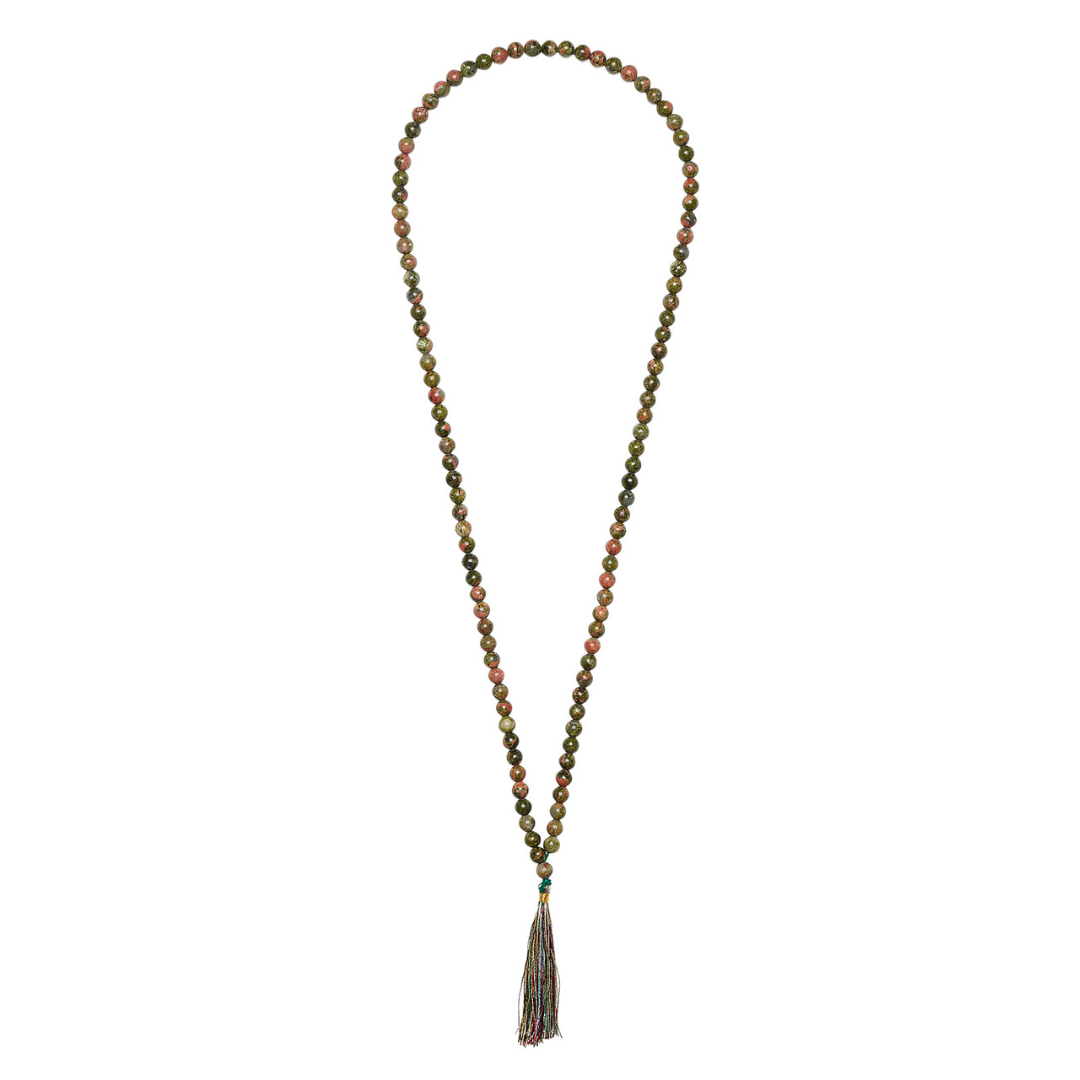 Ambarya Harmony - Unakite mala bead necklace on white background