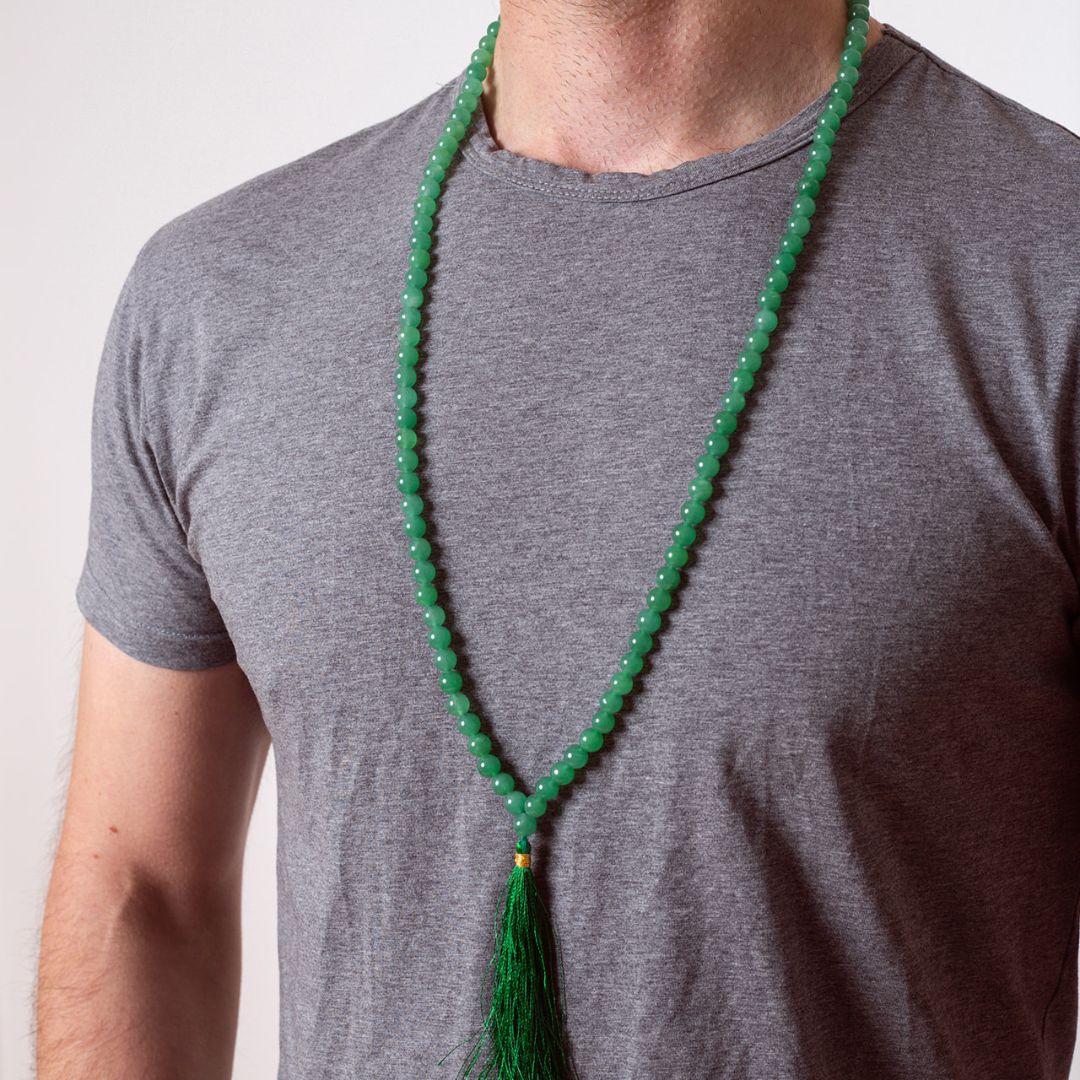 Man wearing Ambarya Good Luck - Green Aventurine crystal Mala Bead Necklace