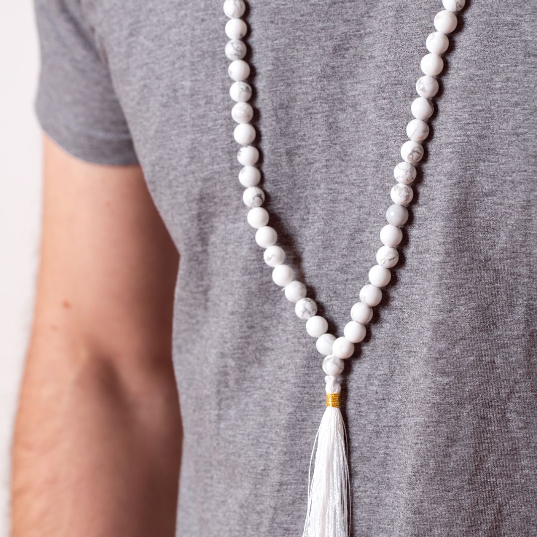 Man wearing Patience - Howlite Mala Bead Necklace