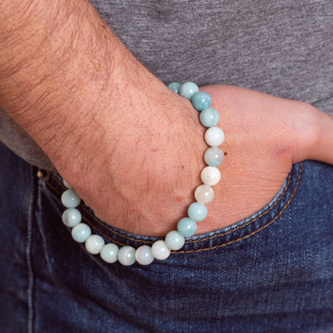 Man wearing Ambarya Loving Communication - Amazonite Mala Bead Bracelet