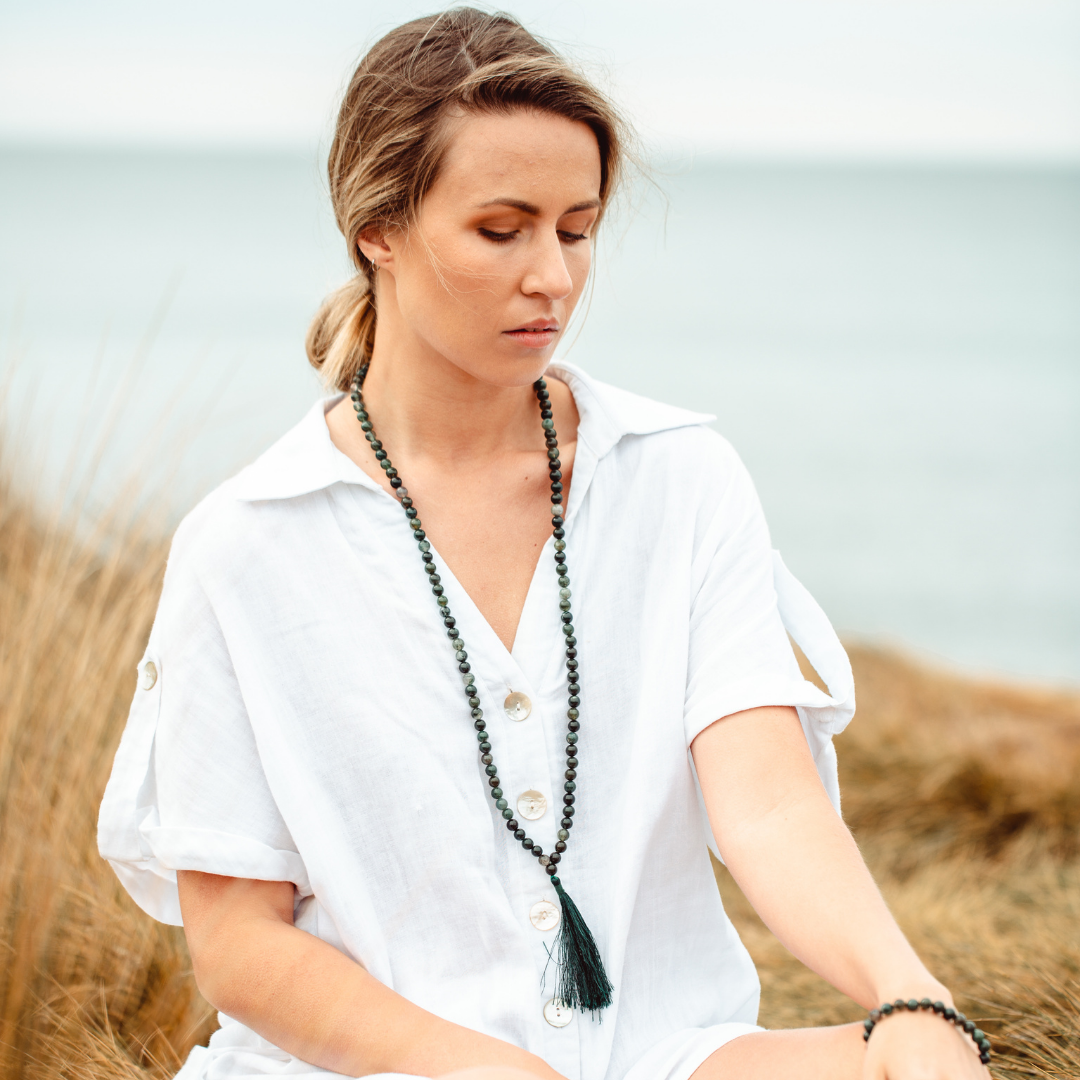Woman wearing Moss Agate crystal Mala Bead Set