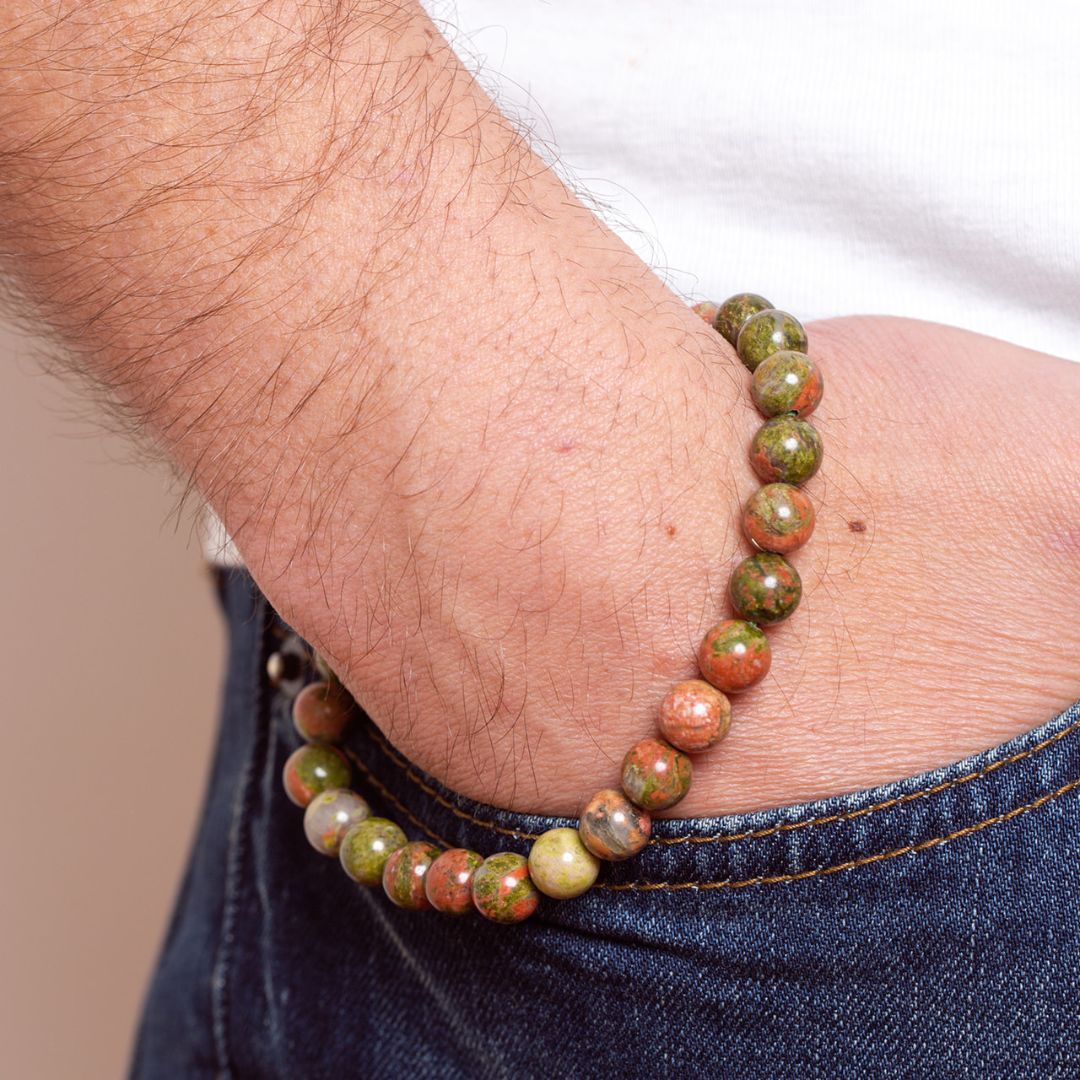 Man wearing Ambarya Harmony - Unakite Mala Bead Bracelet