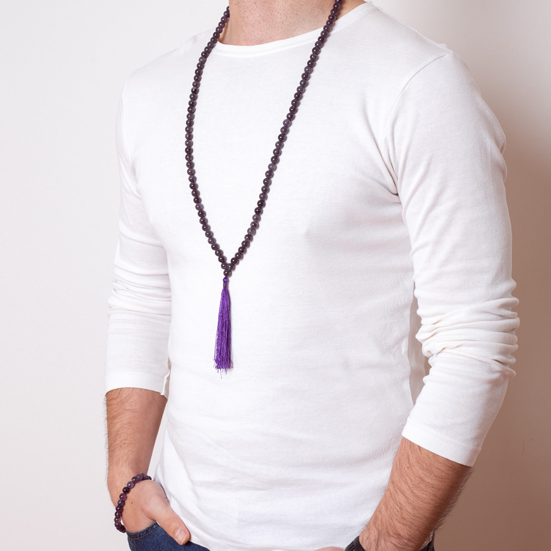 Man wearing Ambarya Calm - Amethyst crystal Mala Bead Necklace