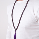 Close up of man wearing Ambarya Calm - Amethyst crystal Mala Bead Necklace