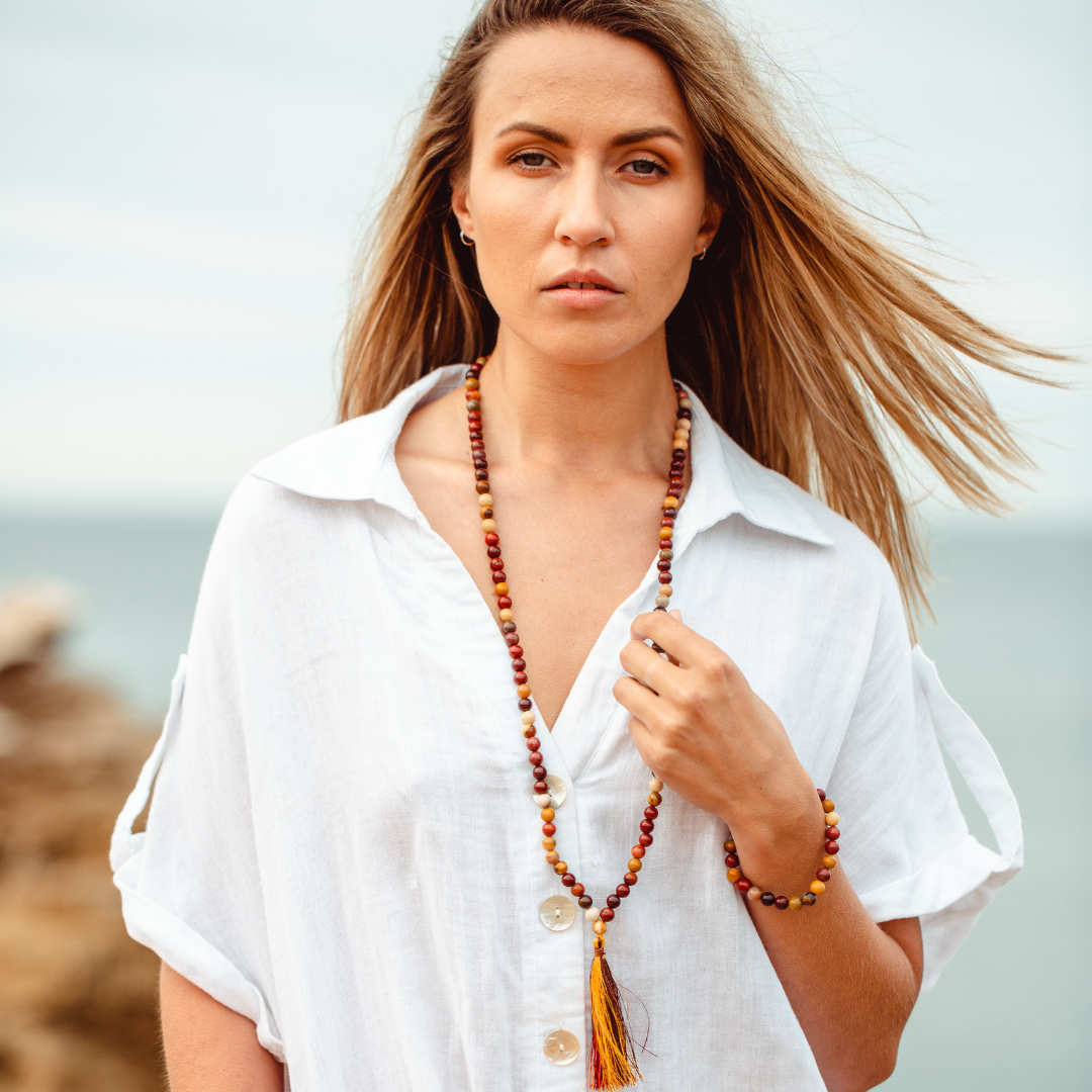 woman wearing Mookaite crystal Mala Bead Set
