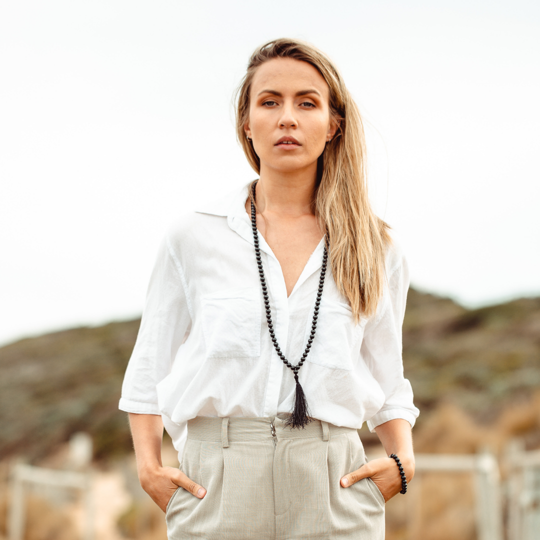 woman wearing Black Tourmaline crystal Mala Bead set