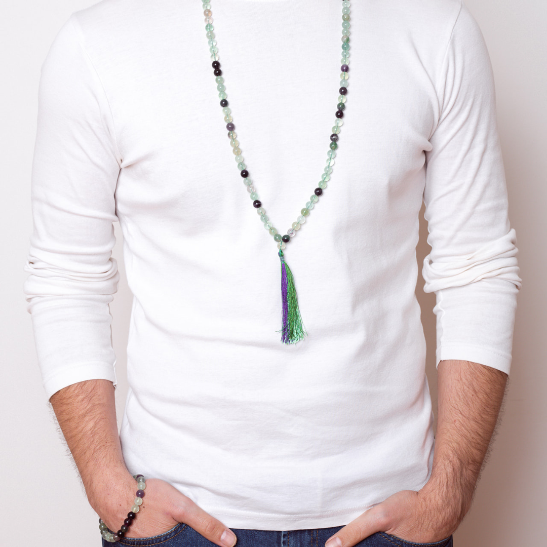 Man wearing Ambarya Clarity - Rainbow Fluorite crystal Mala Bead Necklace and Bracelet