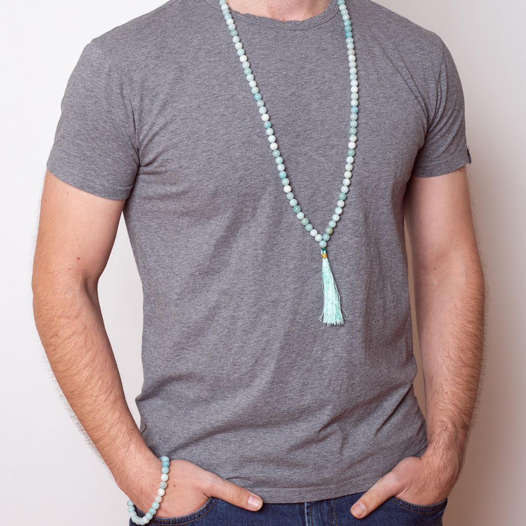 Man wearing Ambarya Loving Communication - Amazonite Mala Bead Bracelet and Necklace set
