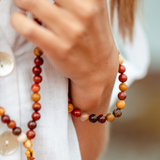 Close up of Mookaite crystal Mala Bead Set