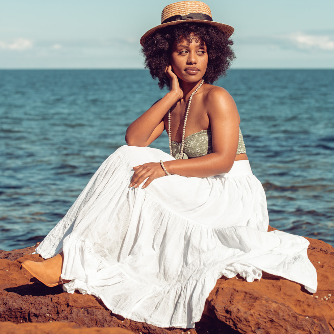 Woman wearing Ambarya Playfulness - Dalmation Stone Mala Bead Set