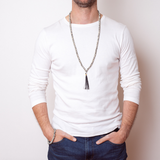 Man wearing Ambarya Playfulness - Dalmatian Stone Mala Bead Necklace and Bracelet