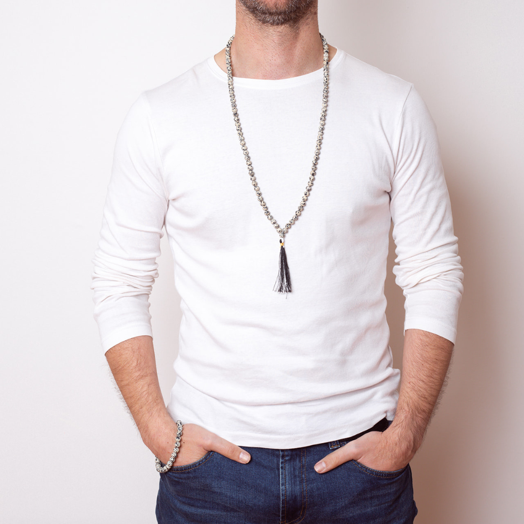 Man wearing Ambarya Playfulness - Dalmatian Stone Mala Bead Necklace