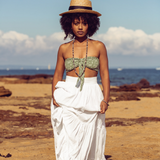 Woman at the beach walking towards the camera wearing Ambarya Acceptance - Botswana Agate Mala Bead Set