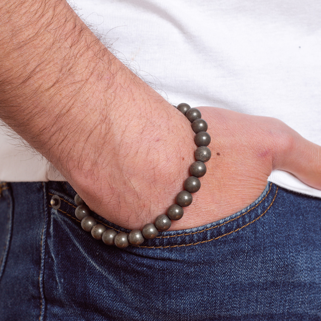 Man wearing Ambarya Willpower - Pyrite Mala Bead Bracelet