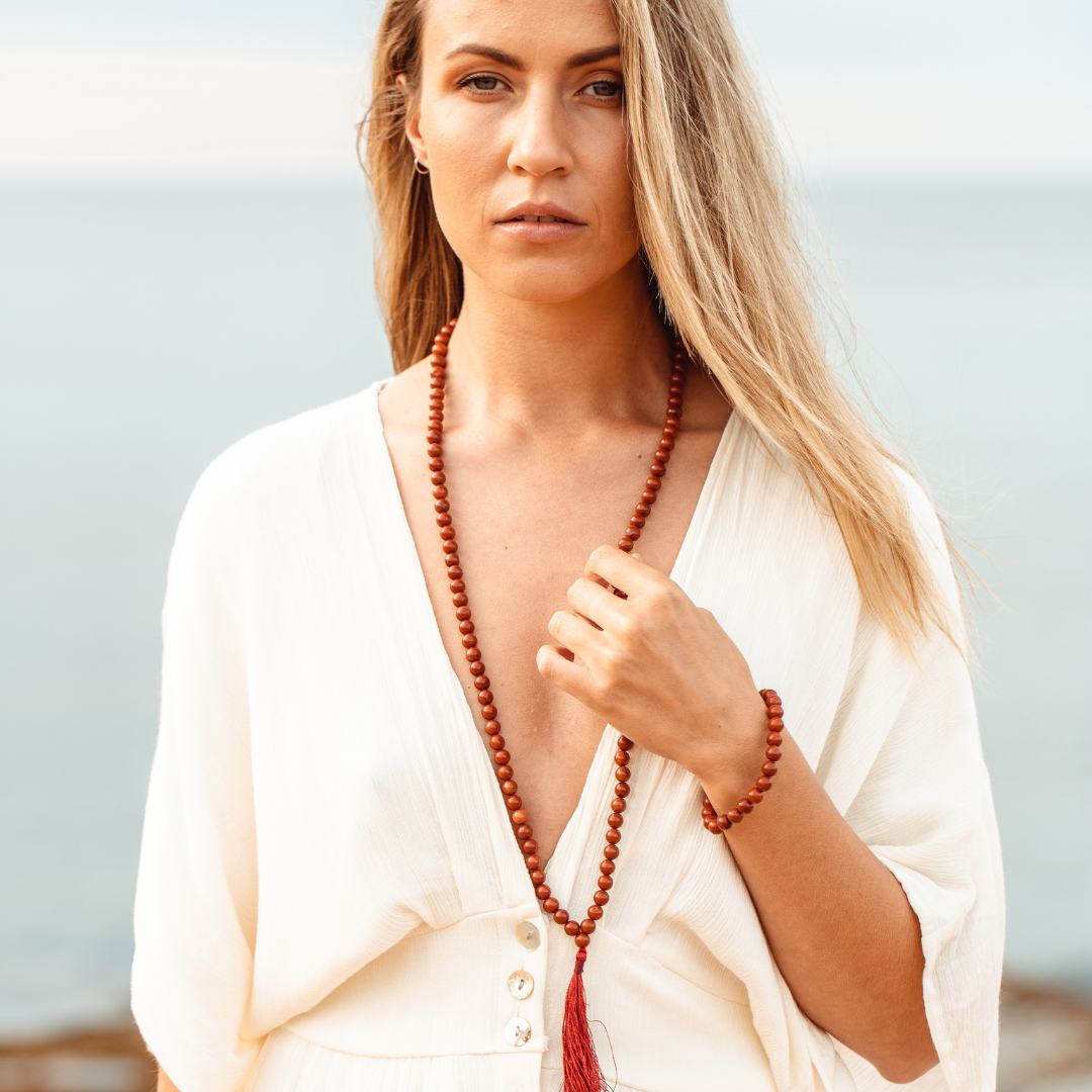 woman wearing Red Jasper crystal Mala Bead Set