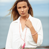 Woman wearing Rose Quartz crystal Mala Bead Set