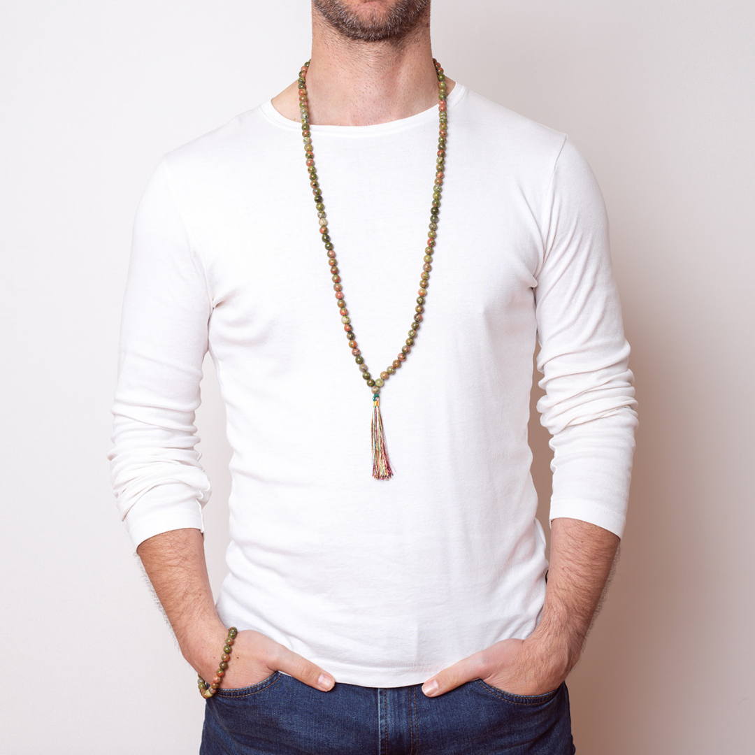 Man wearing Ambarya Harmony - Unakite Mala Bead Set