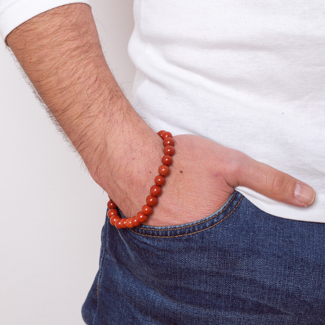 Man wearing Ambarya Grounding - Red Jasper Mala Bead Bracelet